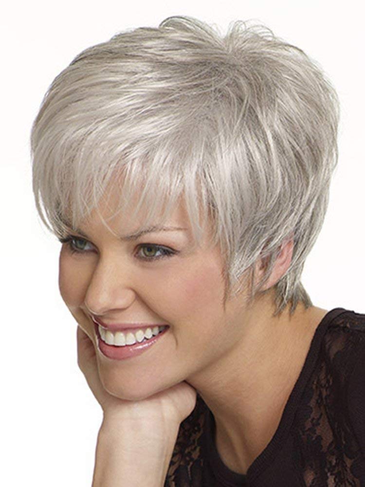 EMMOR Pelucas cortas de mezcla de cabello humano gris plateado de f...