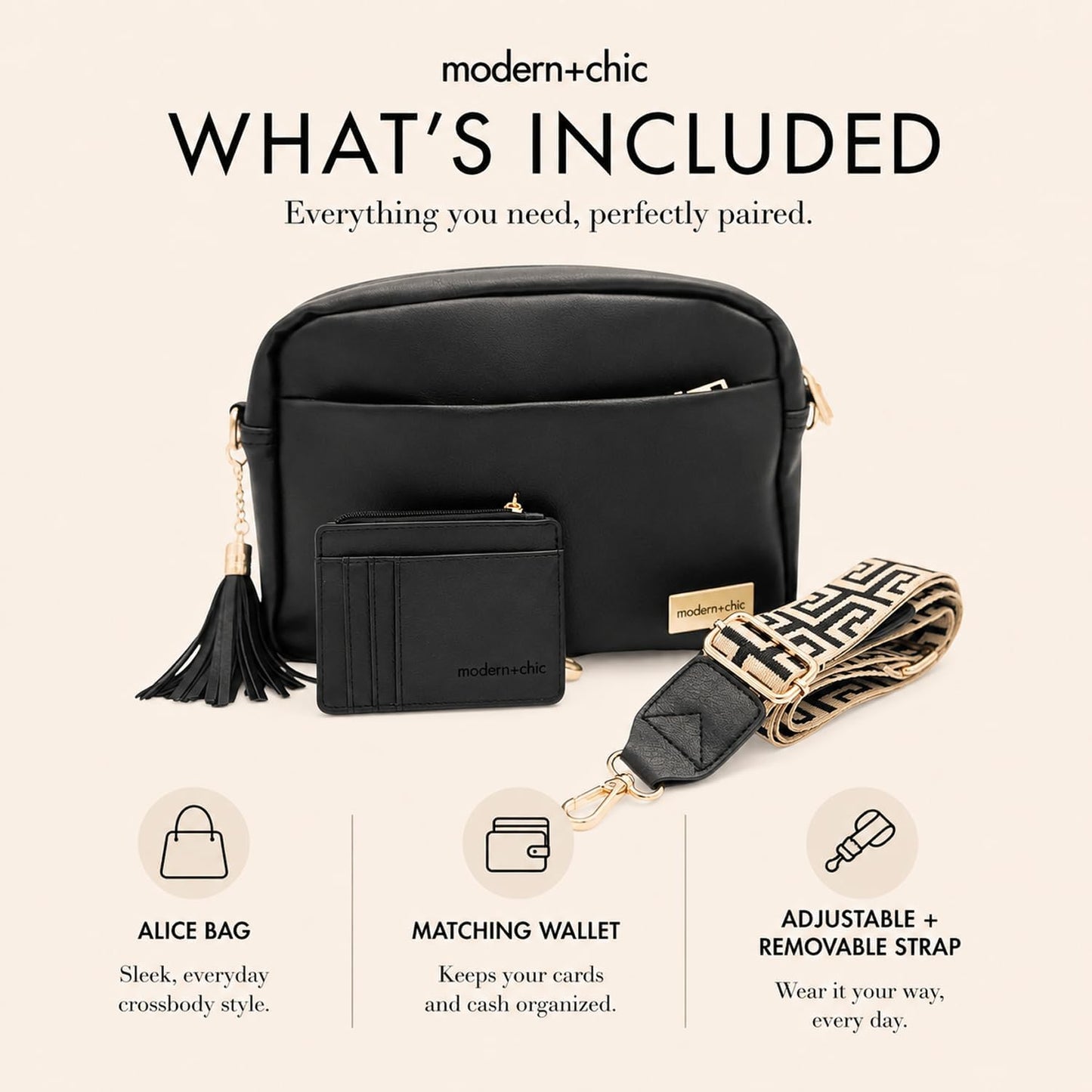 Modern+Chic Bolso cruzado Alice: bolso de cuero vegano con amplios...