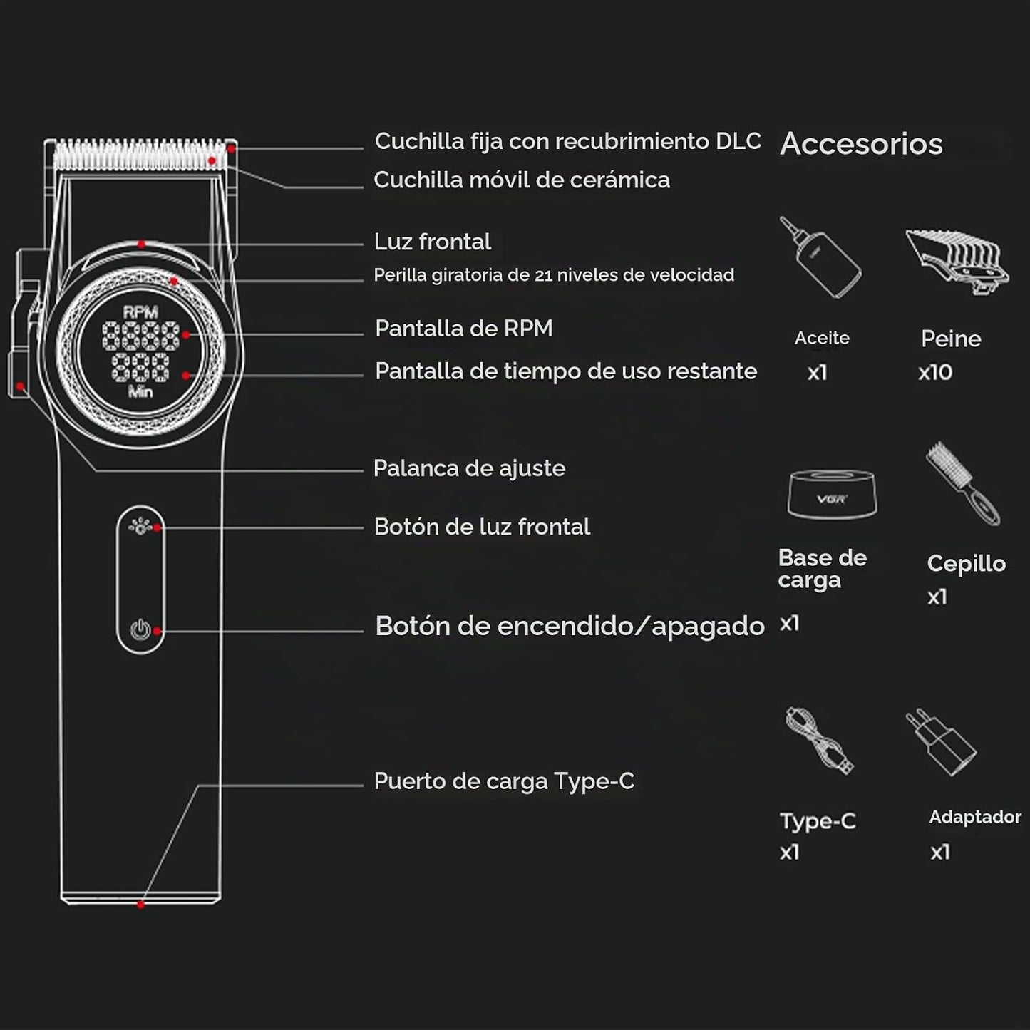 VGR 001 Cortapelos profesionales para hombre con base de carga, col...