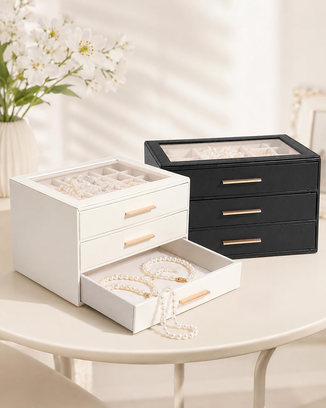 GUOER Joyero para mujer, organizador de joyas con tapa de vidrio co...