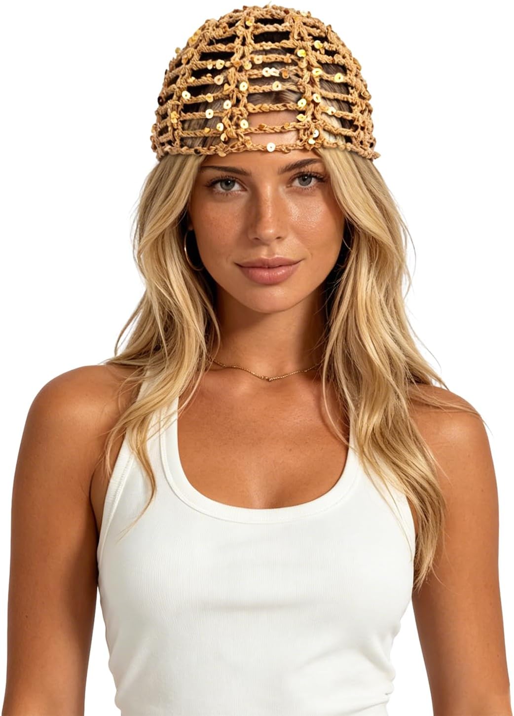 HENWASAI Gorro de ganchillo brillante para mujer con ribete de perl...
