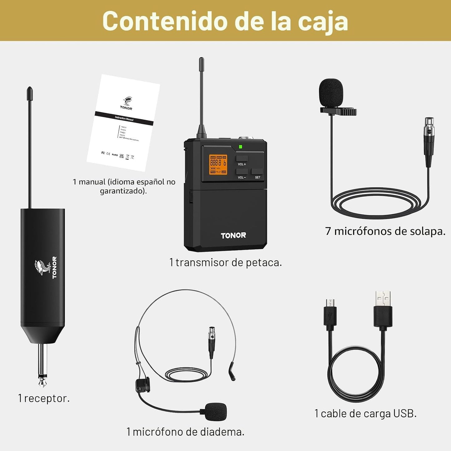 TONOR Sistema de micrófono inalámbrico UHF con micrófono de auricul...