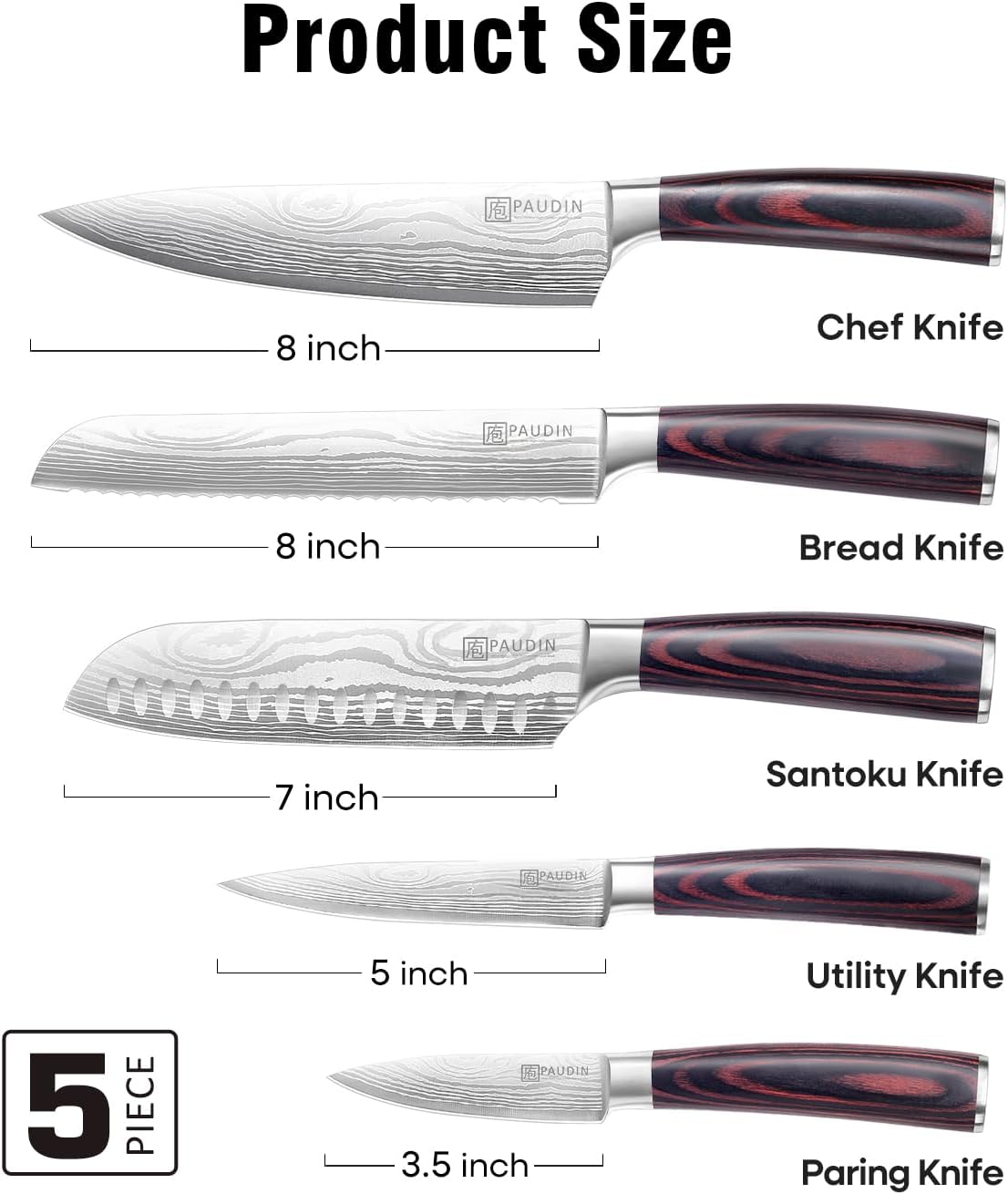 PAUDIN Juego de cuchillos de cocina, juego de cuchillos ultra afila...