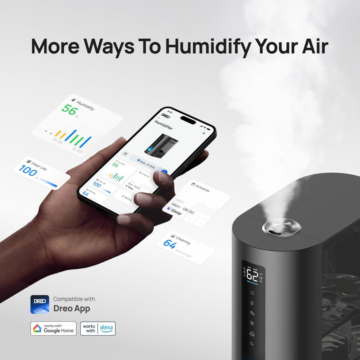 DREO Humidificadores inteligentes de 6L para dormitorio, niebla cál...