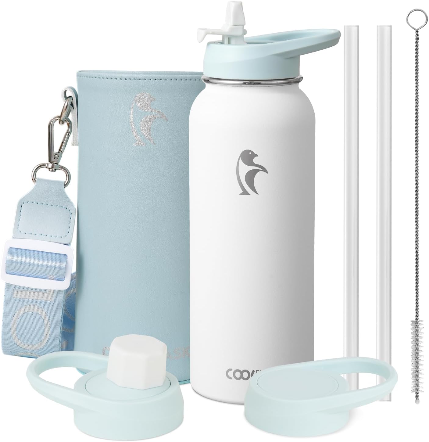 Coolflask - Botella de agua aislada con funda de piel sintética y 3...