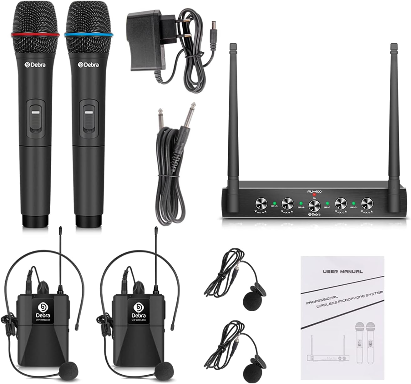 Debra Audio Pro UHF Sistema de micrófono inalámbrico de 4 canales c...