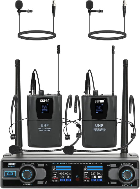 SGPRO D-332BB Sistema de micrófono inalámbrico dual con micrófonos...