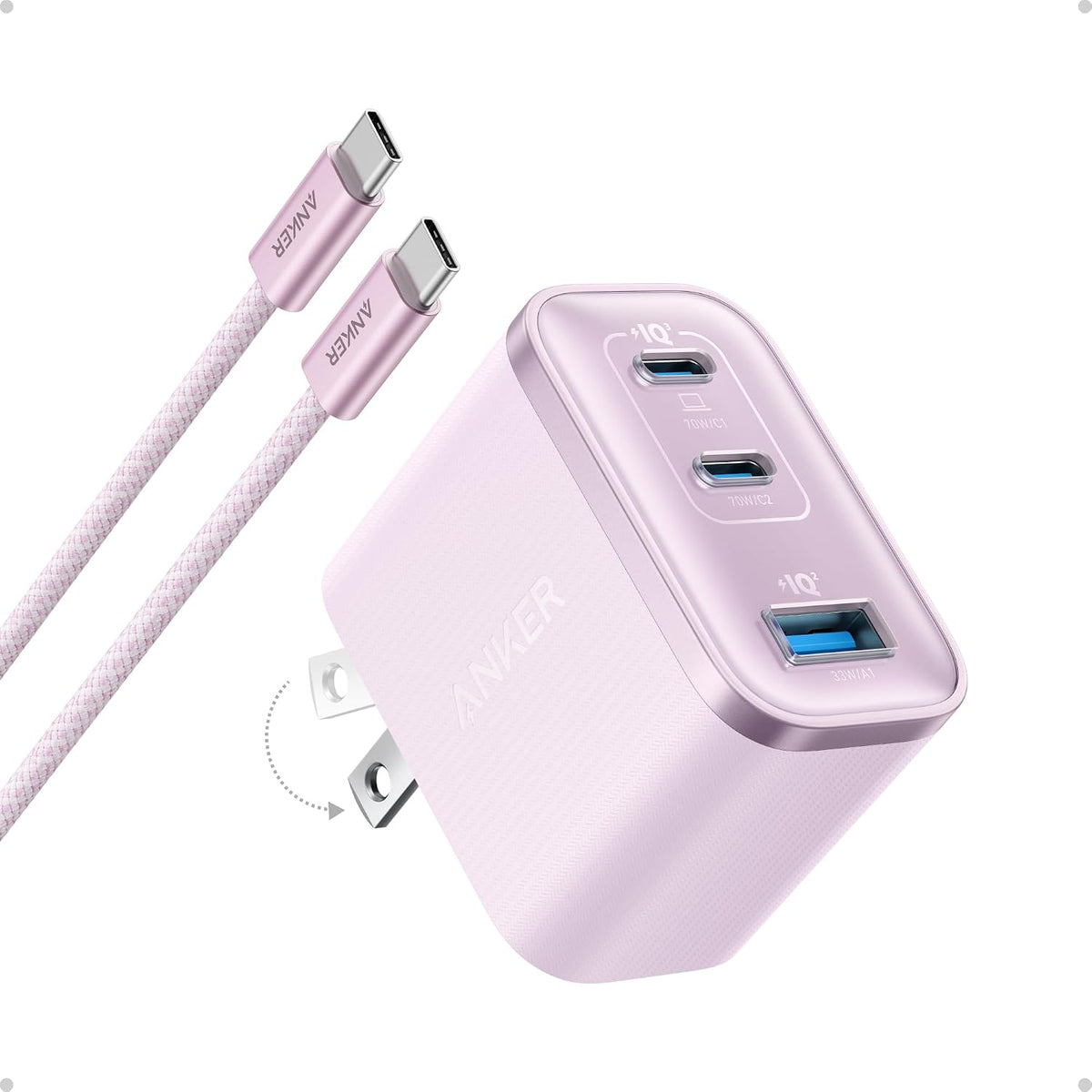 Anker Cargador rápido Nano 70W Max de 3 puertos USB C, cargador tip...
