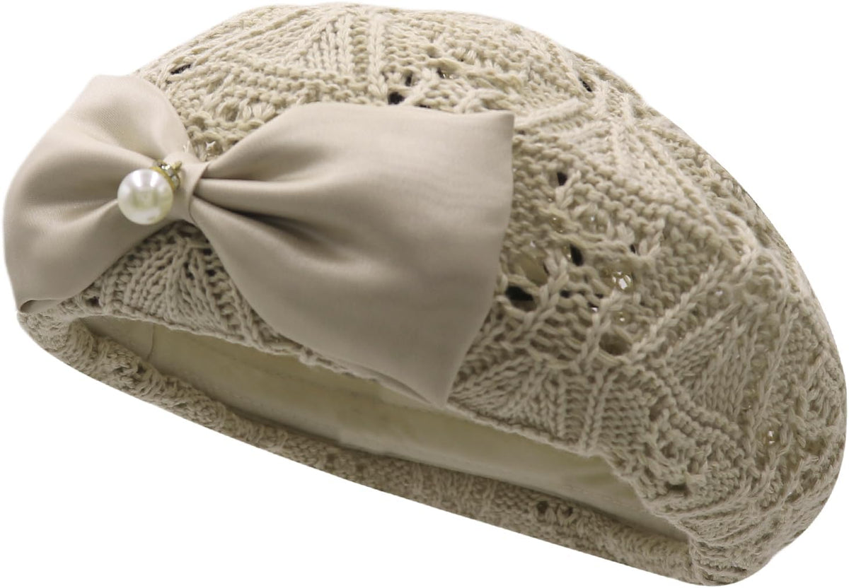 JASASCCEL Boina con lazo para mujer, elegante perla de punto de gan...