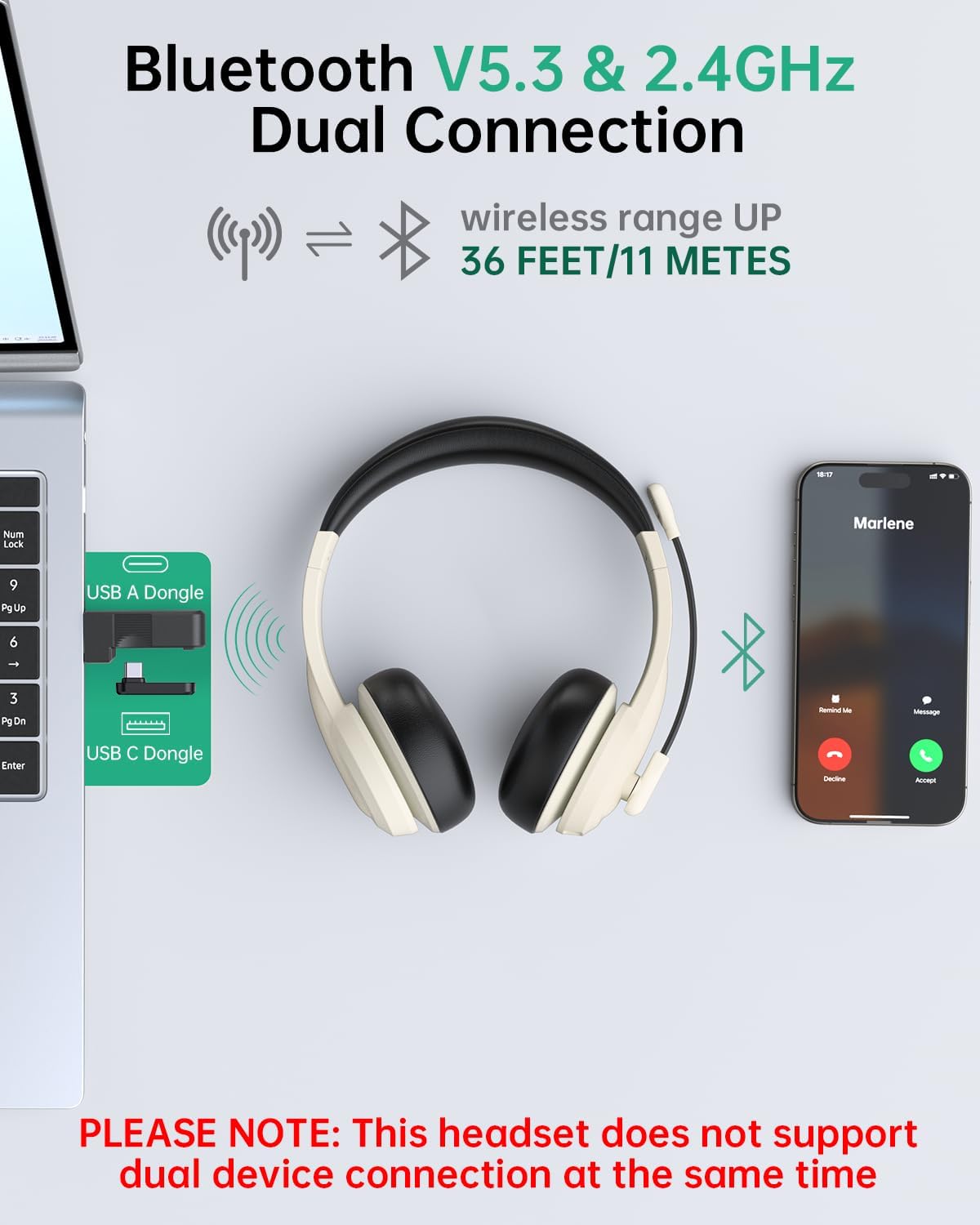 AOC Auriculares inalámbricos con micrófono para trabajo, cancelació...