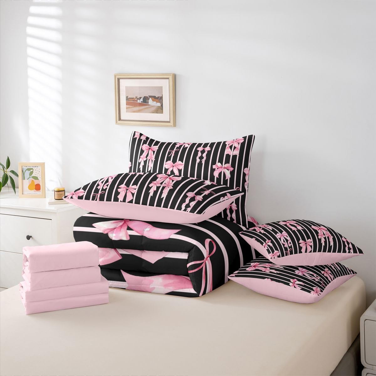 Erosebridal Juego de edredón de 7 piezas con lazos de cinta rosa y...