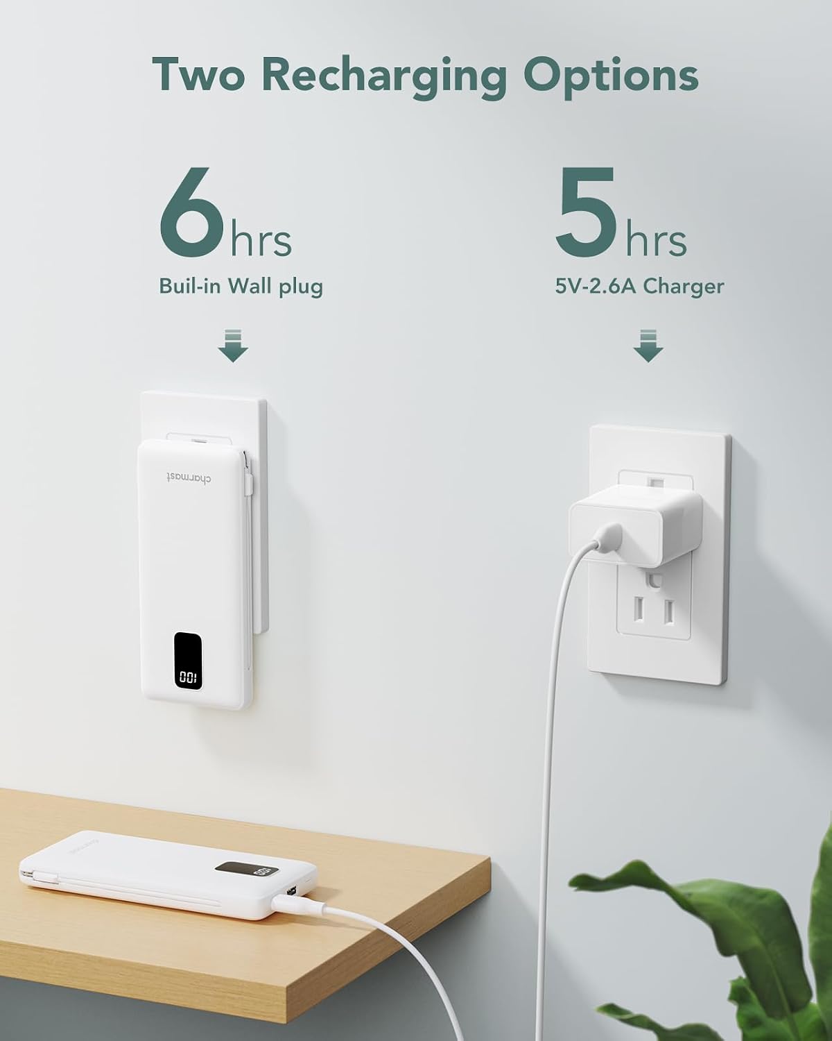 charmast Cargador portátil con cables integrados y enchufe de pared...