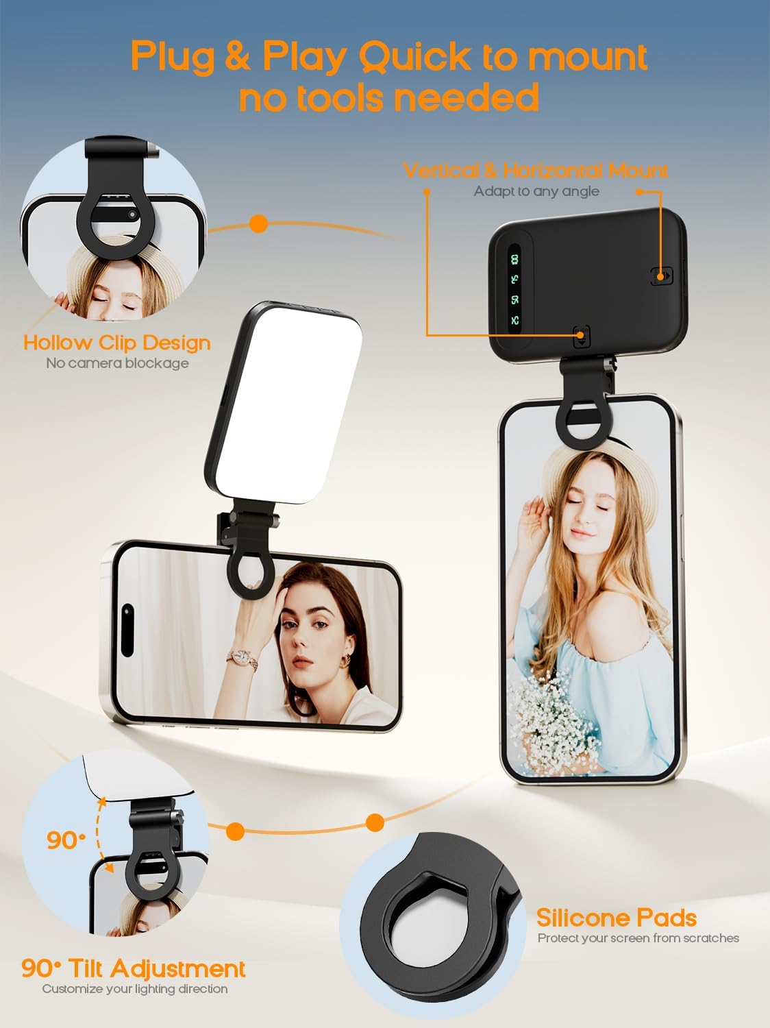 Luz para selfie: clip de luz recargable para teléfono con pantalla...