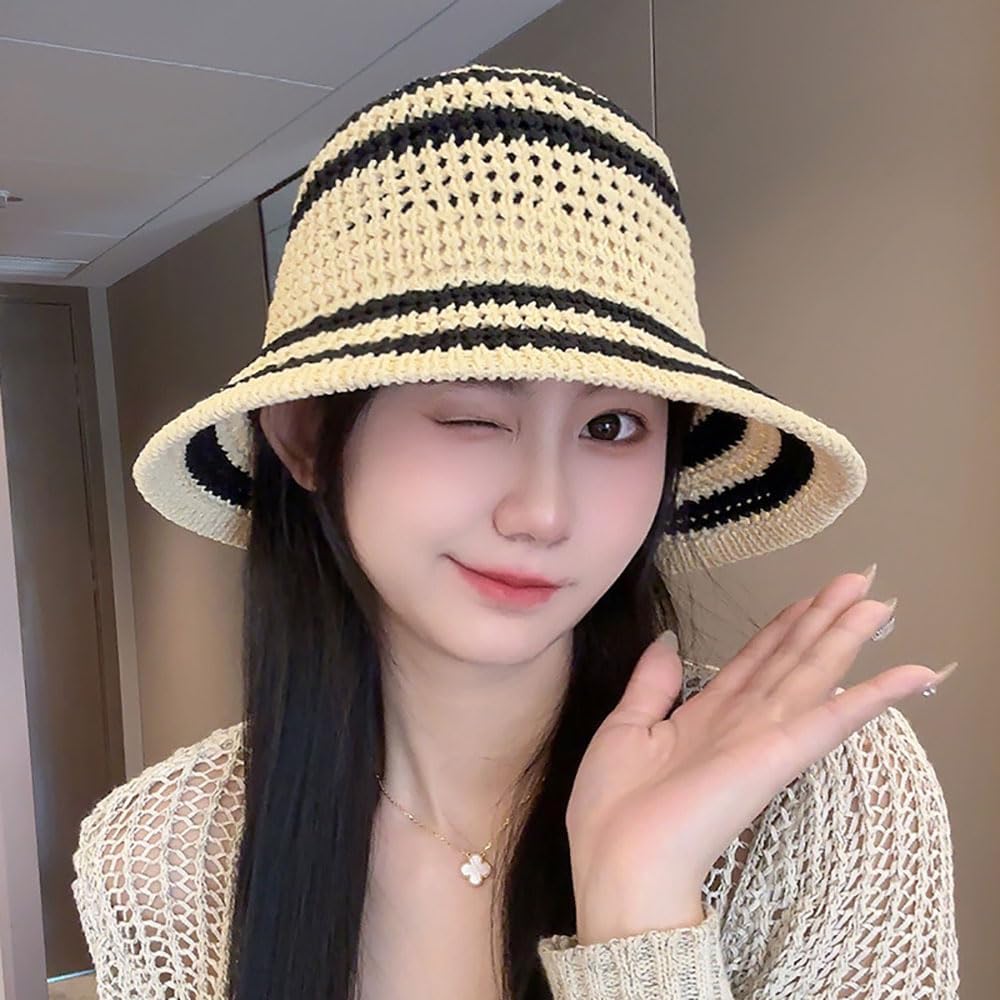 Sombrero de paja de verano para mujer, protección solar a rayas par...