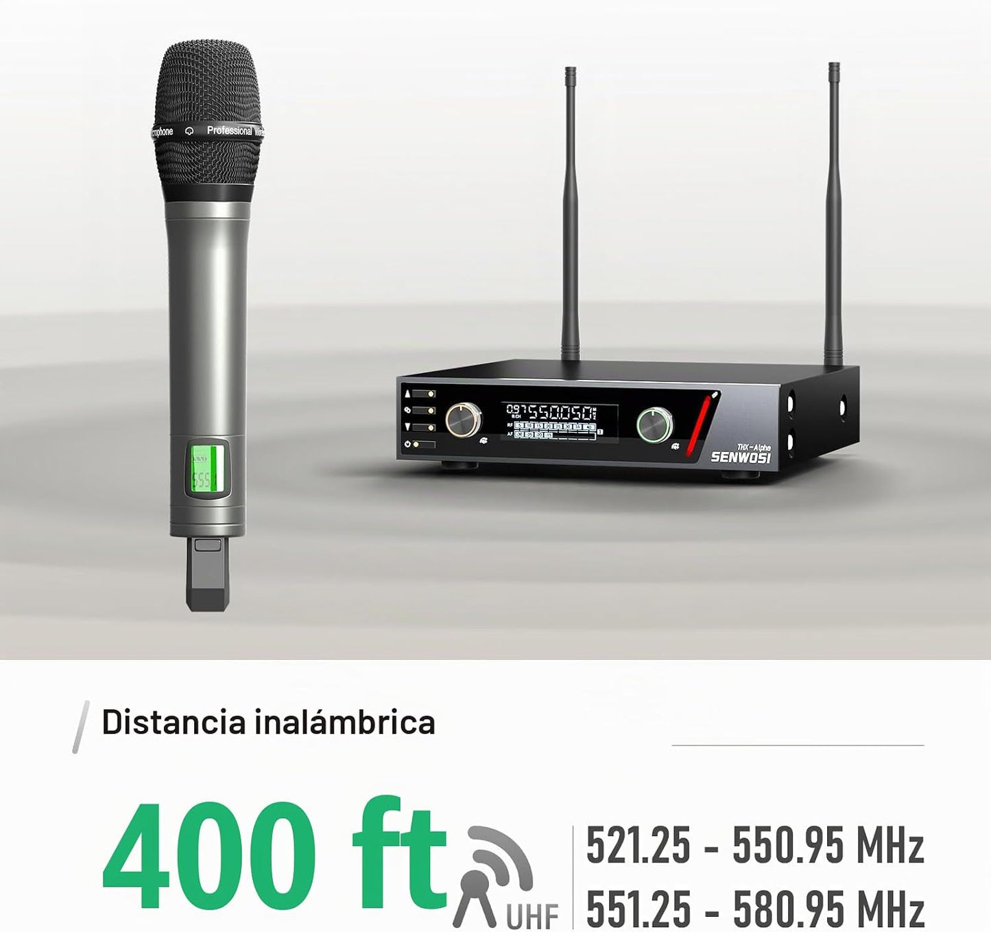 SENWOSI Sistema de micrófono inalámbrico UHF de doble canal con esc...