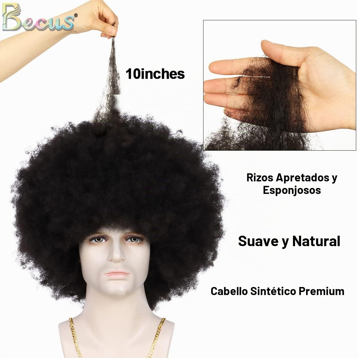 BECUS - Peluca afro para hombre, esponjosa, grande, rizada, color n...