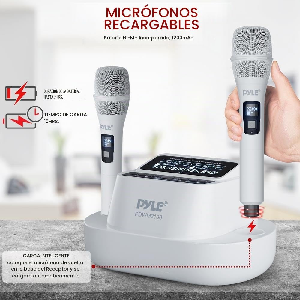 Pyle Sistema de micrófono inalámbrico UHF con micrófonos de mano du...