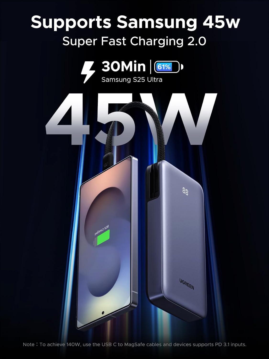 UGREEN Nexode 20000mAh 45W Power Bank, cable incorporado para iPhon...