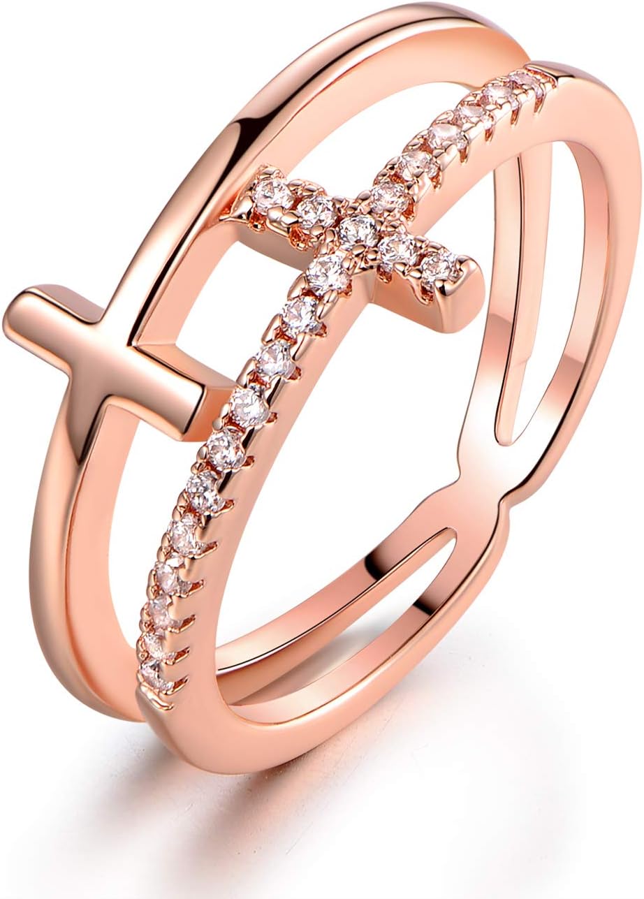 Barzel Anillo de doble cruz con circonita cúbica chapada en oro de...