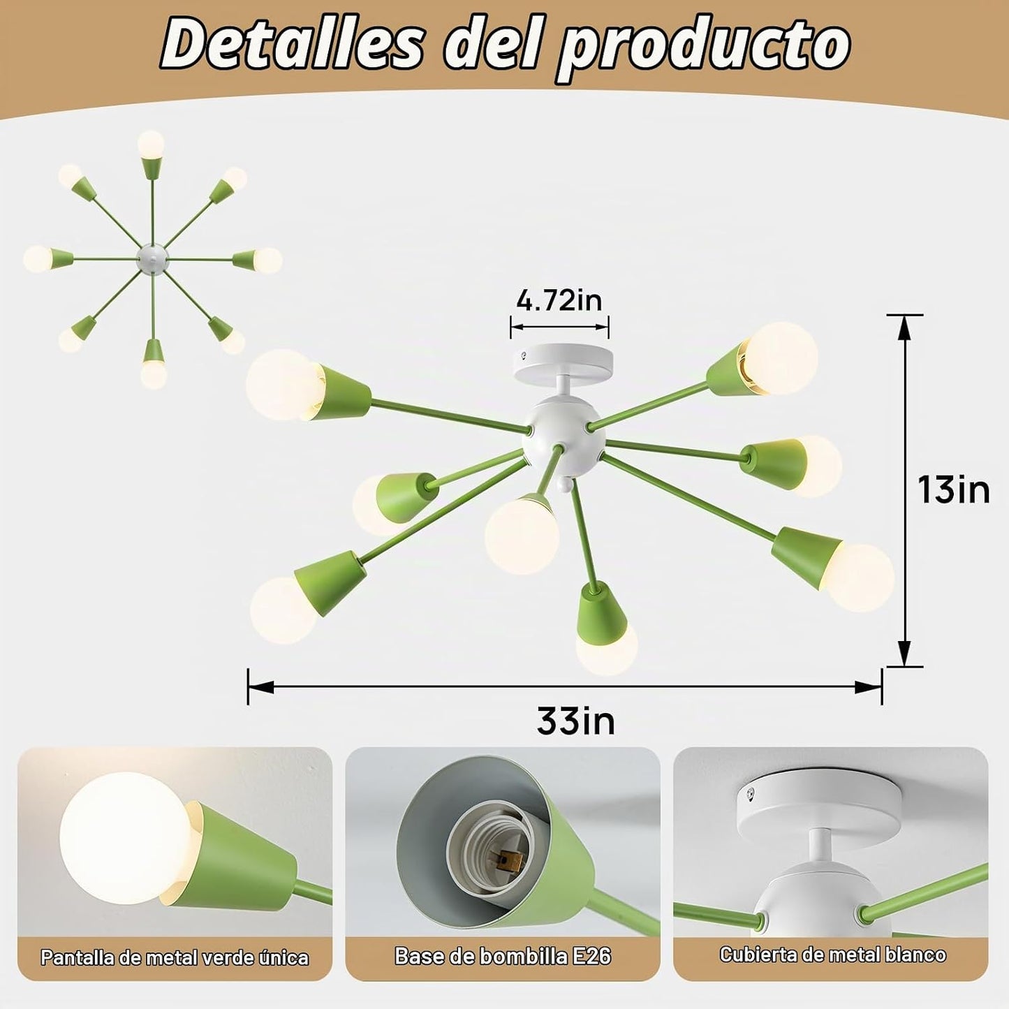 Lámpara de techo Sputnik verde, 8 luces modernas Sputnik Candelabro...