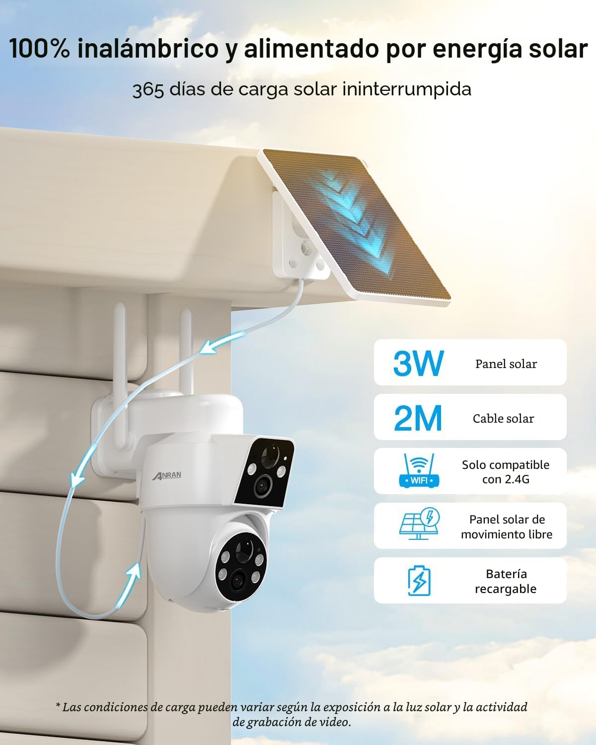 ANRAN Paquete de 2 Cámaras de Seguridad Solar de Doble Lente Inalám...