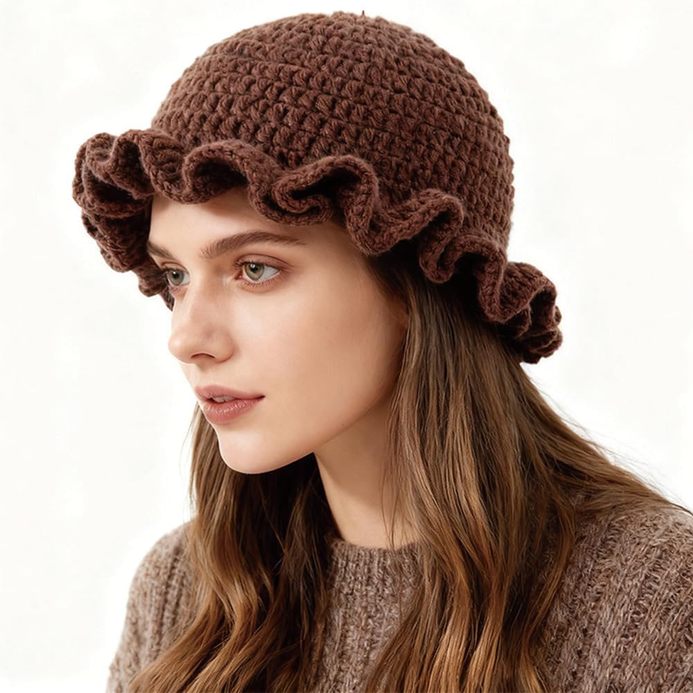 AMOFIA Gorro de punto para mujer, gorro de ganchillo con volantes,...