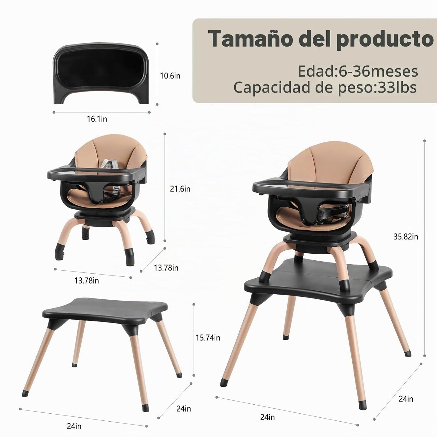 Komcot Silla alta, 7 en 1 silla alta de madera para bebé con asient...