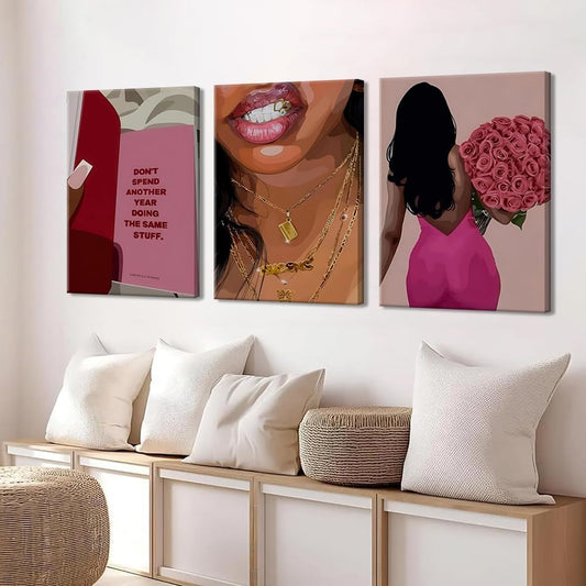 Arte de Pared de Lienzo de Mujer Negra de Moda Rosa, Juego de 3, Ar...