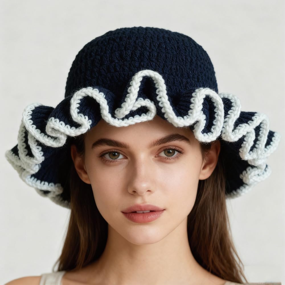 AMOFIA Gorro de punto para mujer, gorro de ganchillo con volantes,...