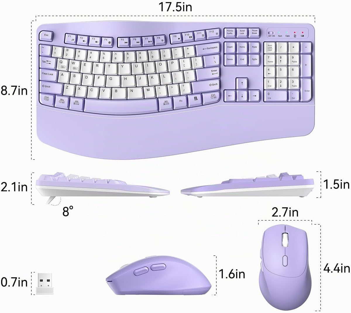 Combo de teclado y mouse inalámbricos, teclas onduladas de tamaño c...
