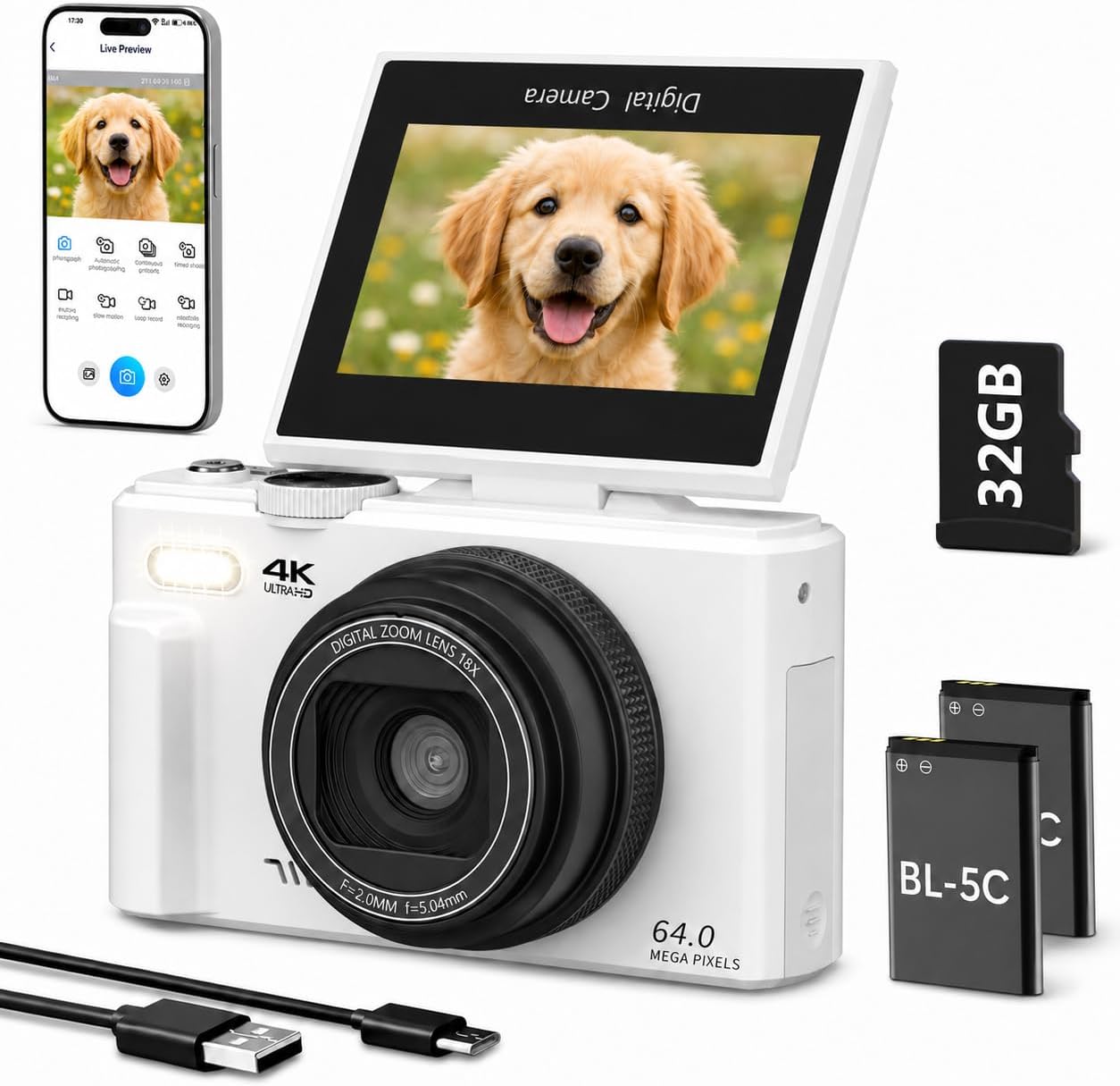 Cámara digital 4K para fotografía, cámara de vlogging de 64MP para...