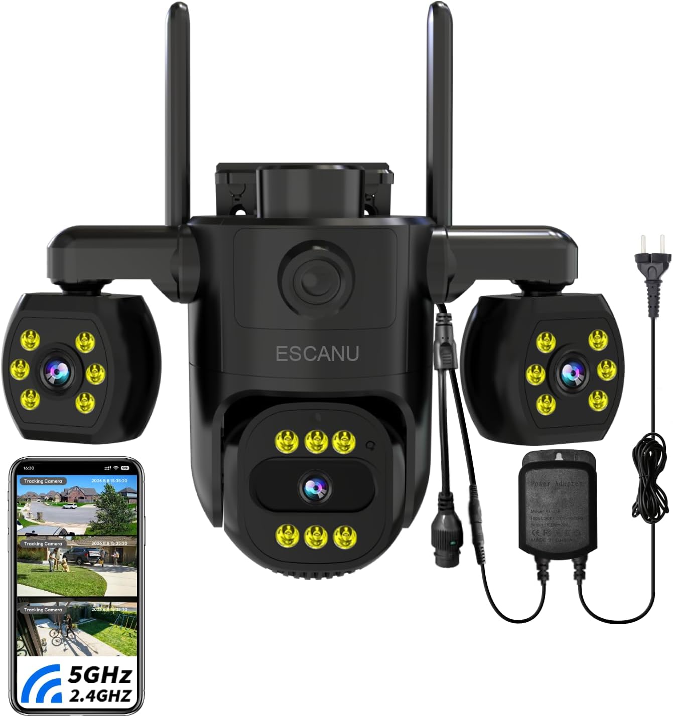ESCANU Cámara de seguridad exterior con cable de triple lente, cáma...