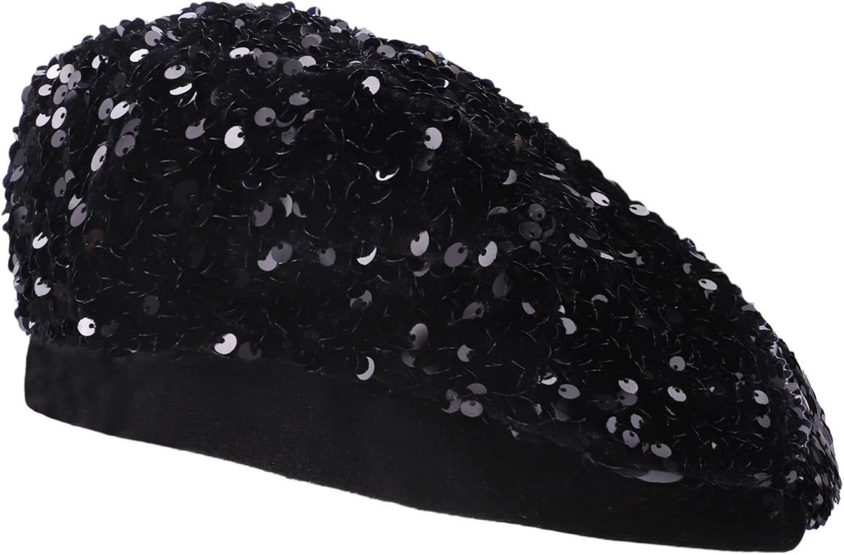 LUCKYBUNNY Boina de lentejuelas para artista, sombreros de boina fr...