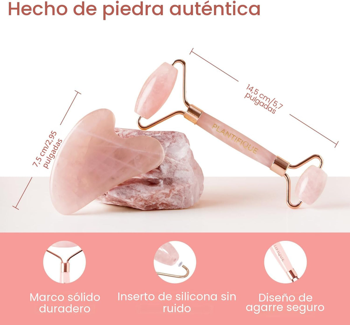PLANTIFIQUE - Juego de rodillos faciales y Gua Sha de cuarzo rosa,...