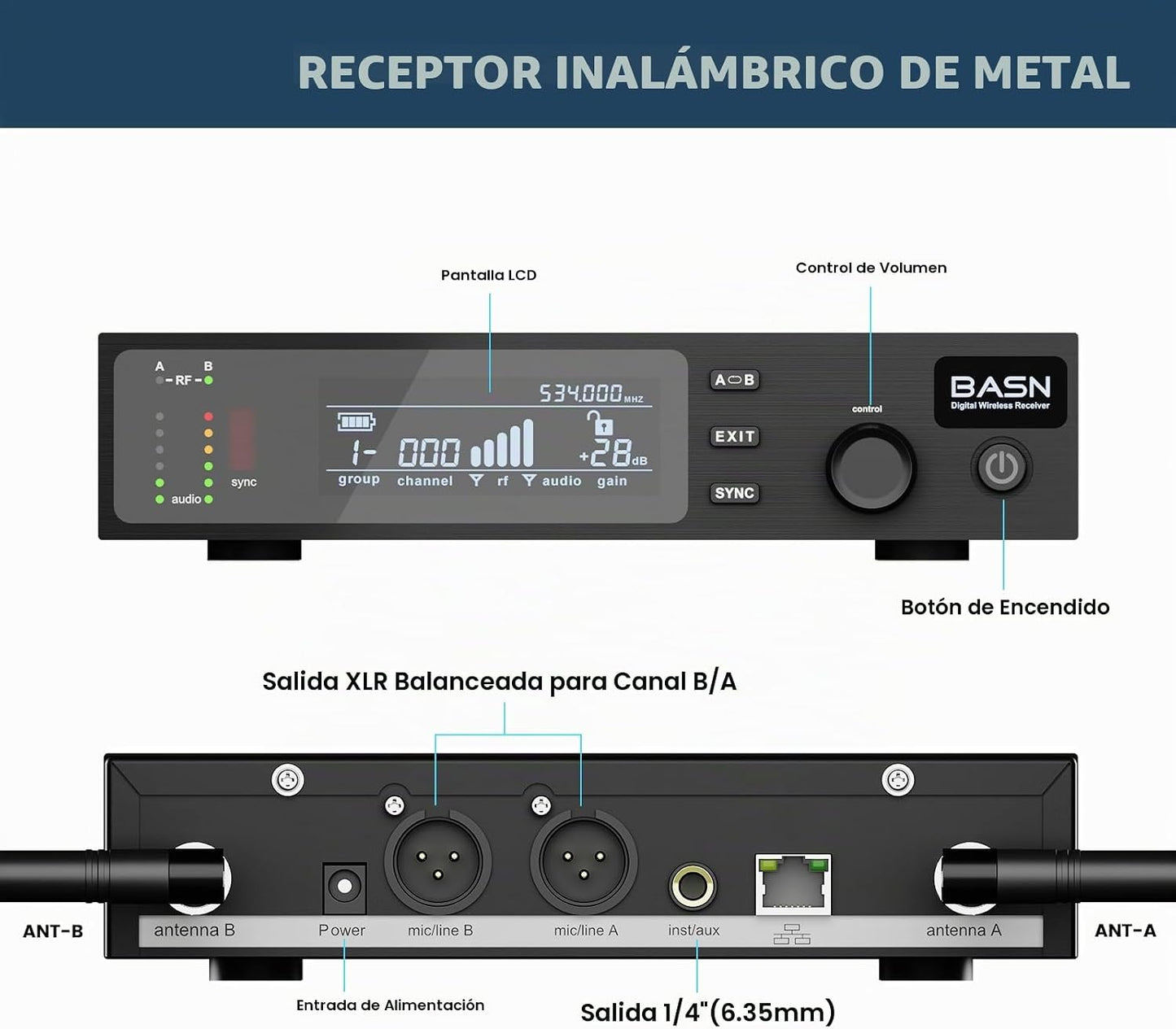 BASN UHF Sistema de micrófono inalámbrico de doble canal, micrófono...