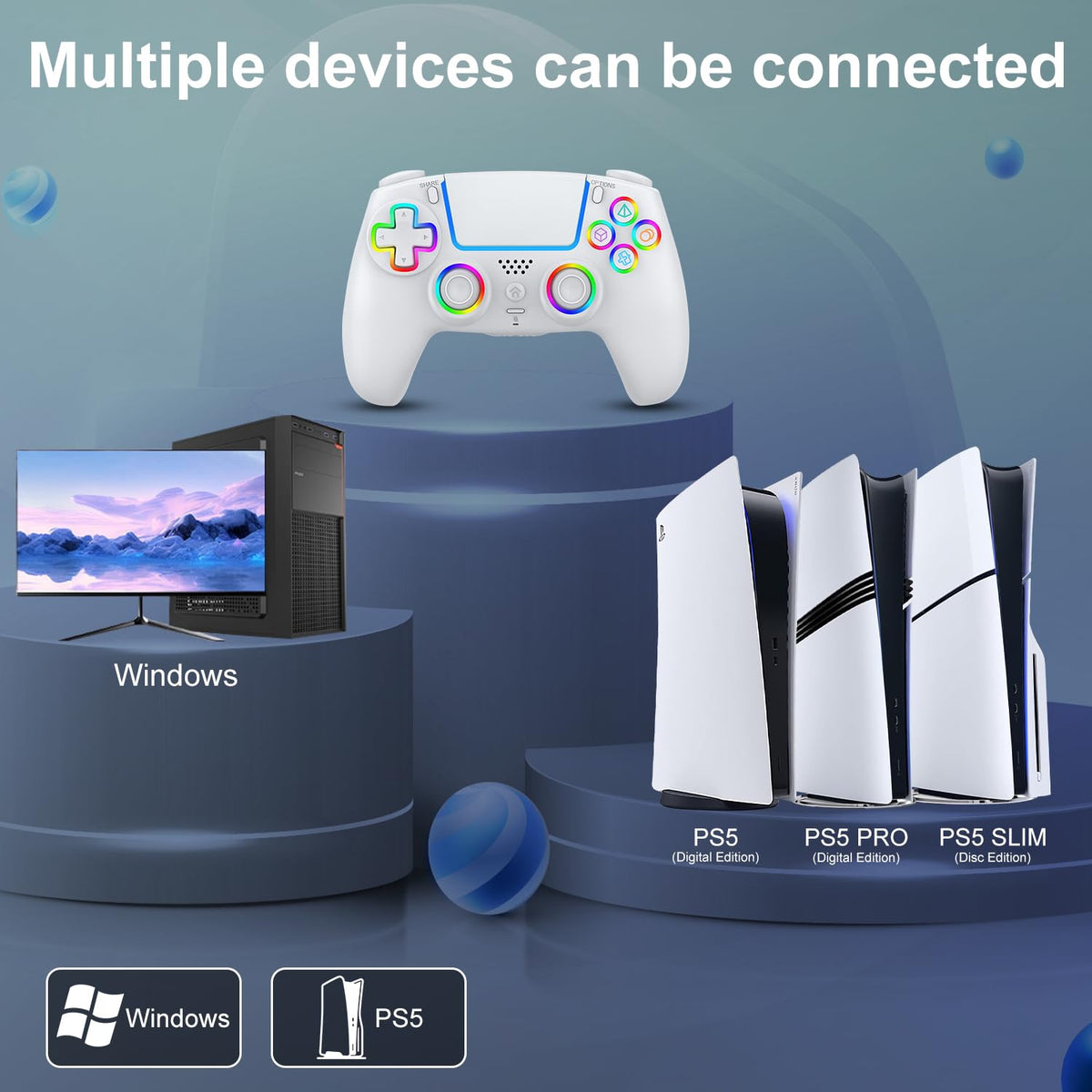 Controlador PS5 inalámbrico, Compatible con PS5 Pro\/Slim\/PC, Dobl...