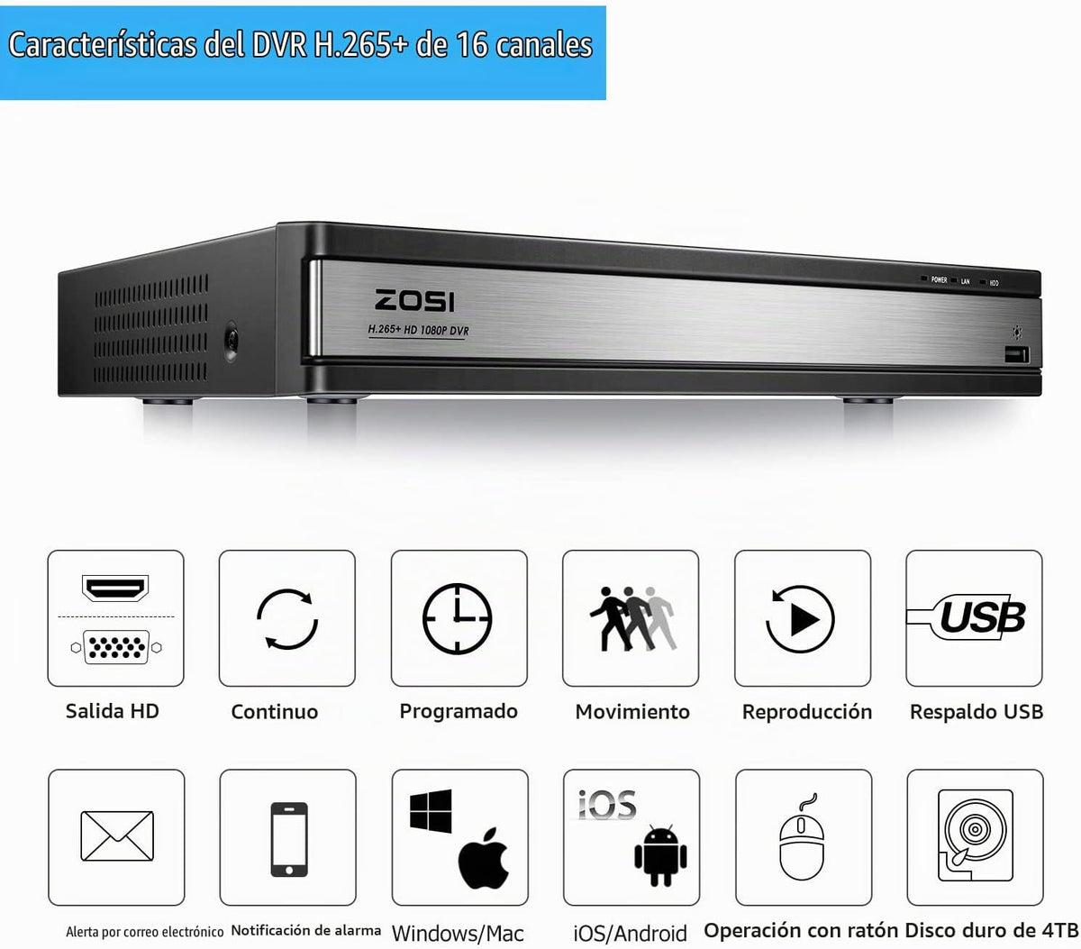 ZOSI H.265+ - Sistema de cámara de seguridad de 16 canales 1080p co...