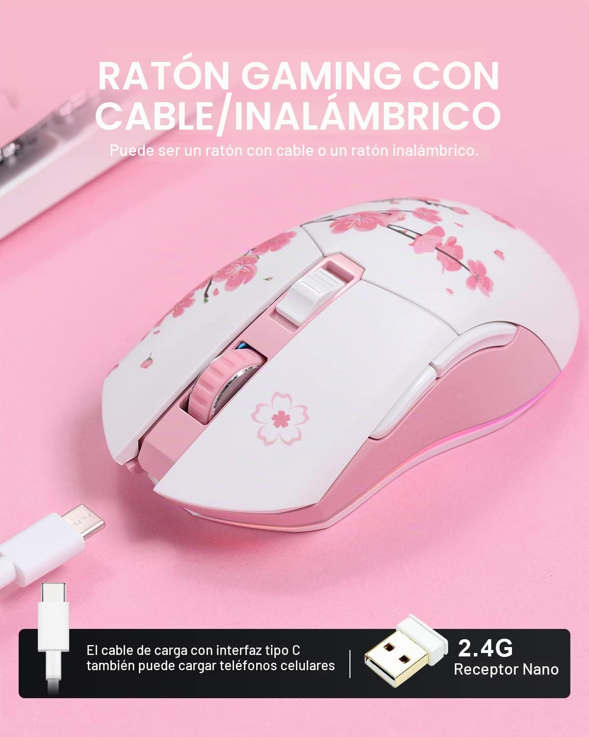 DAREU Sakura Pink - Ratón inalámbrico con cable para juegos, modo d...