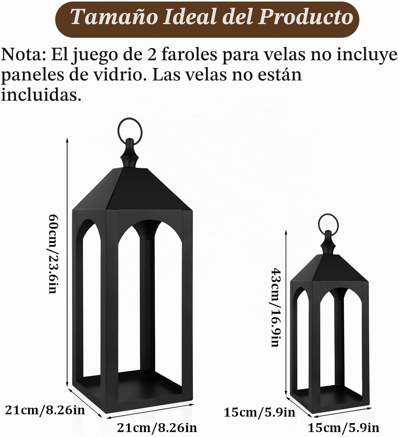 Faroles grandes de metal negro de 23 pulgadas y 17 pulgadas, decora...