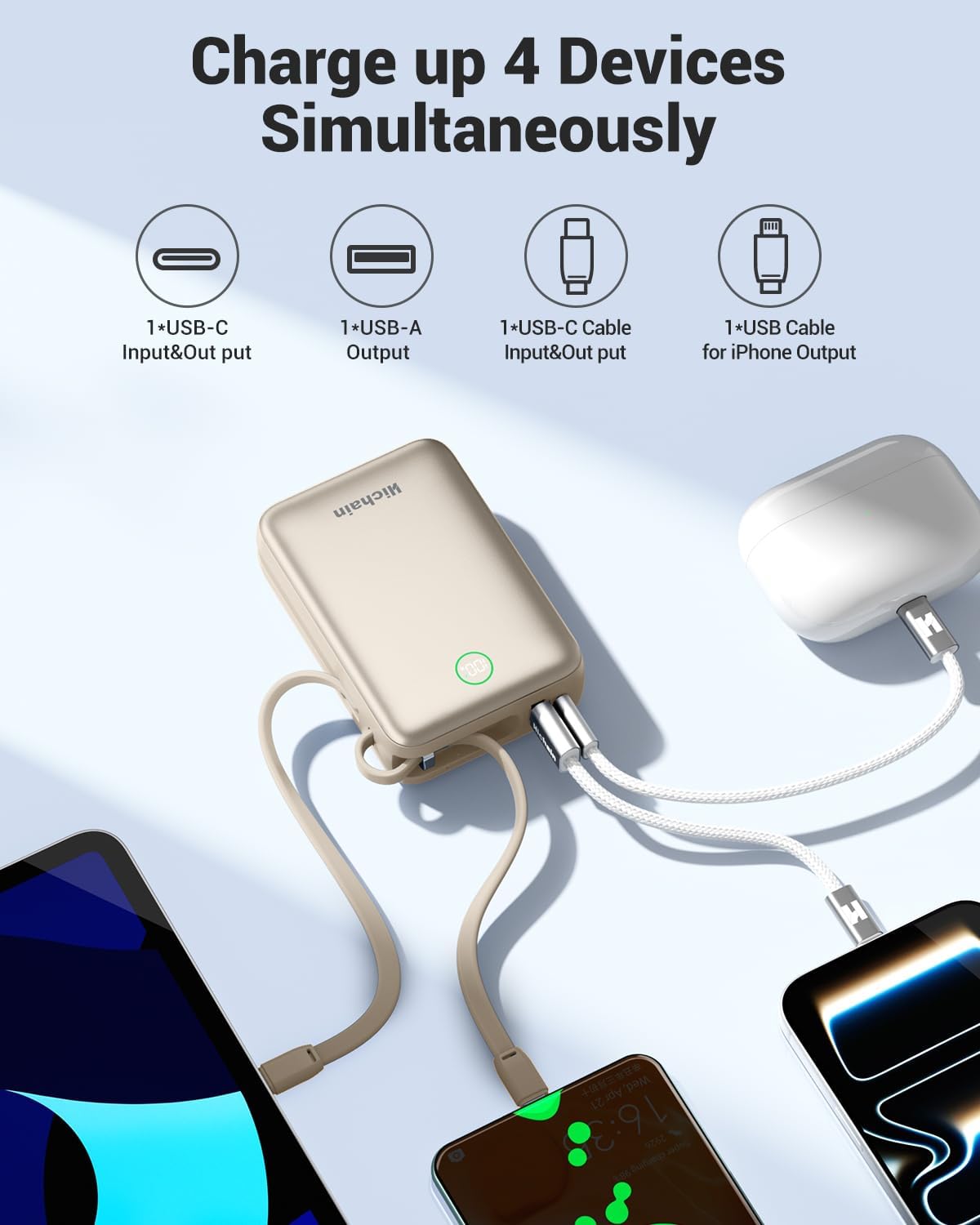 Hichain 20000mAh 35W Power Bank Cargador portátil con cables incorp...