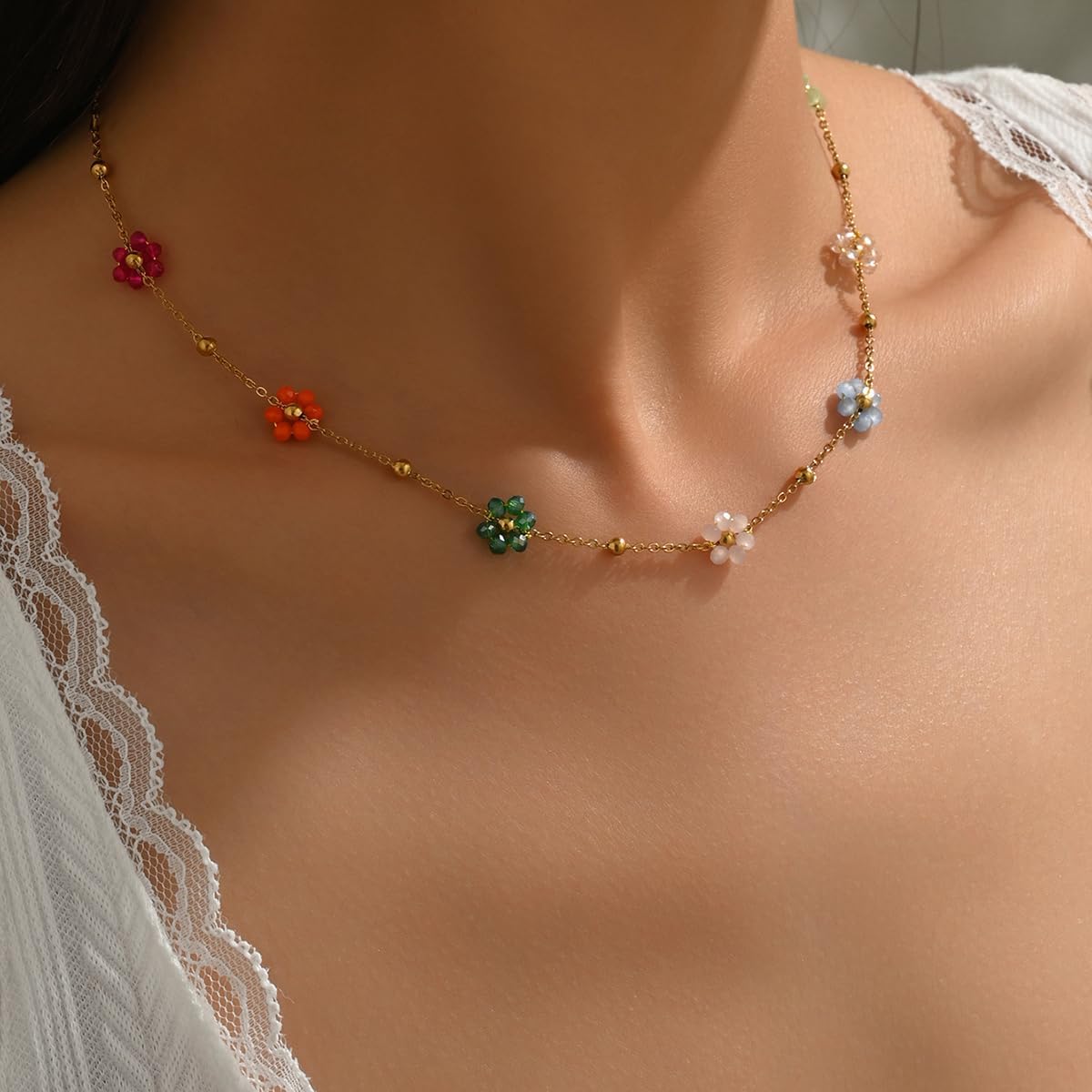 VceTd Gargantilla de flores con cuentas para mujer, chapado en oro...