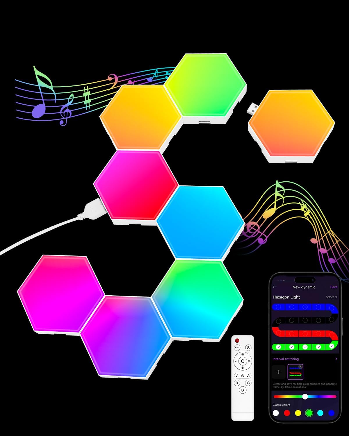 JIMIMORO Paquete de 8 paneles de luz LED hexagonales, luces de deco...