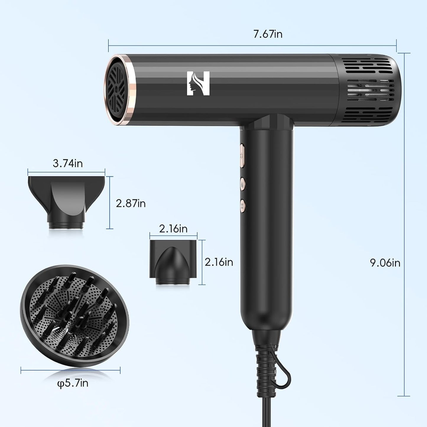 Nicebay Secador de Pelo Iónico con Difusor para Cabello Rizado, Mot...