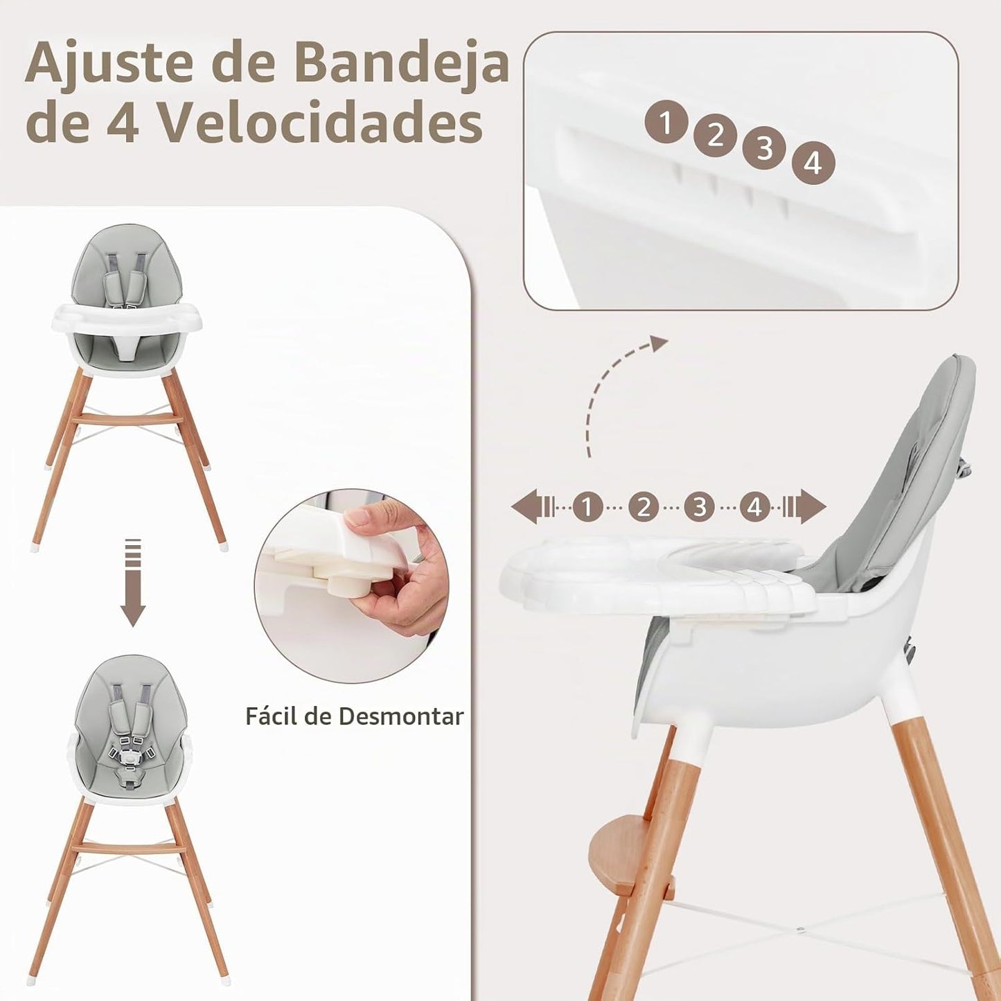 HONEY JOY Silla alta para bebé, trona de madera de haya para bebés...