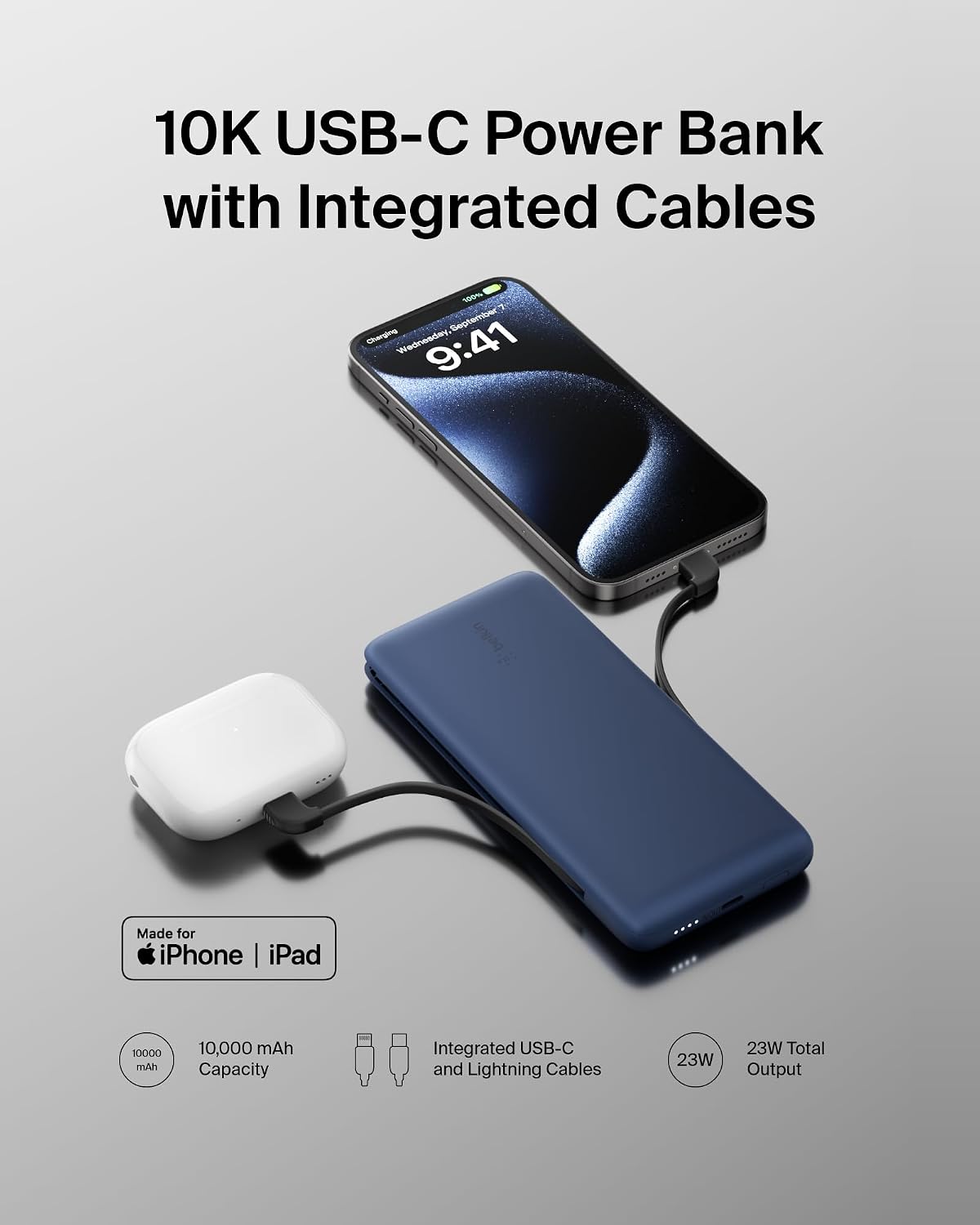 Belkin Banco portátil del poder del cargador de 10K 23W, cables int...