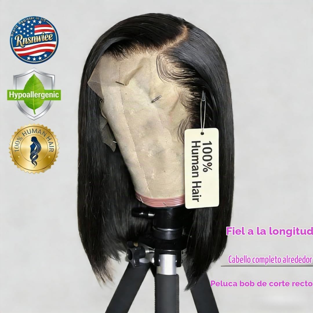 Rnsnwiee Peluca corta de cabello humano lacio con encaje frontal tr...