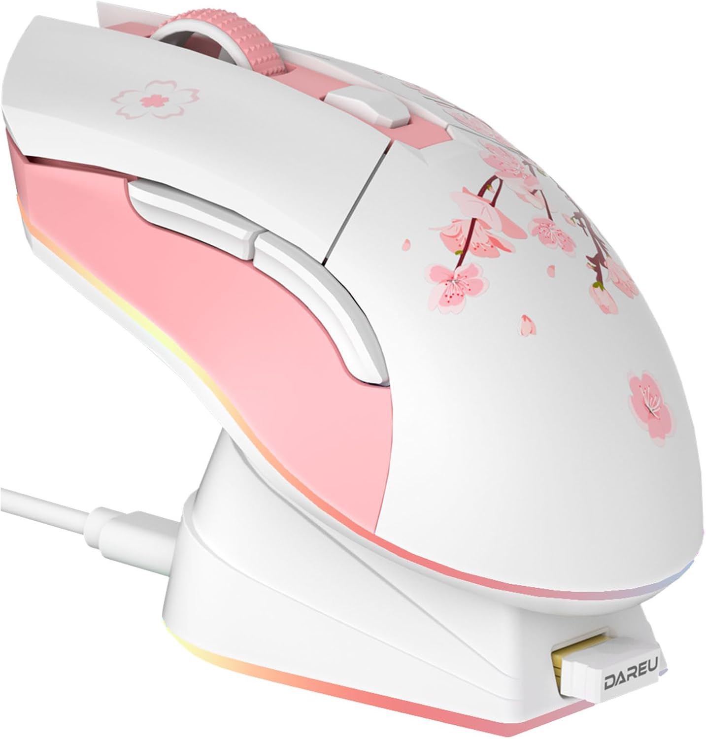 DAREU Ratón inalámbrico Sakura rosa para juegos con base de carga r...