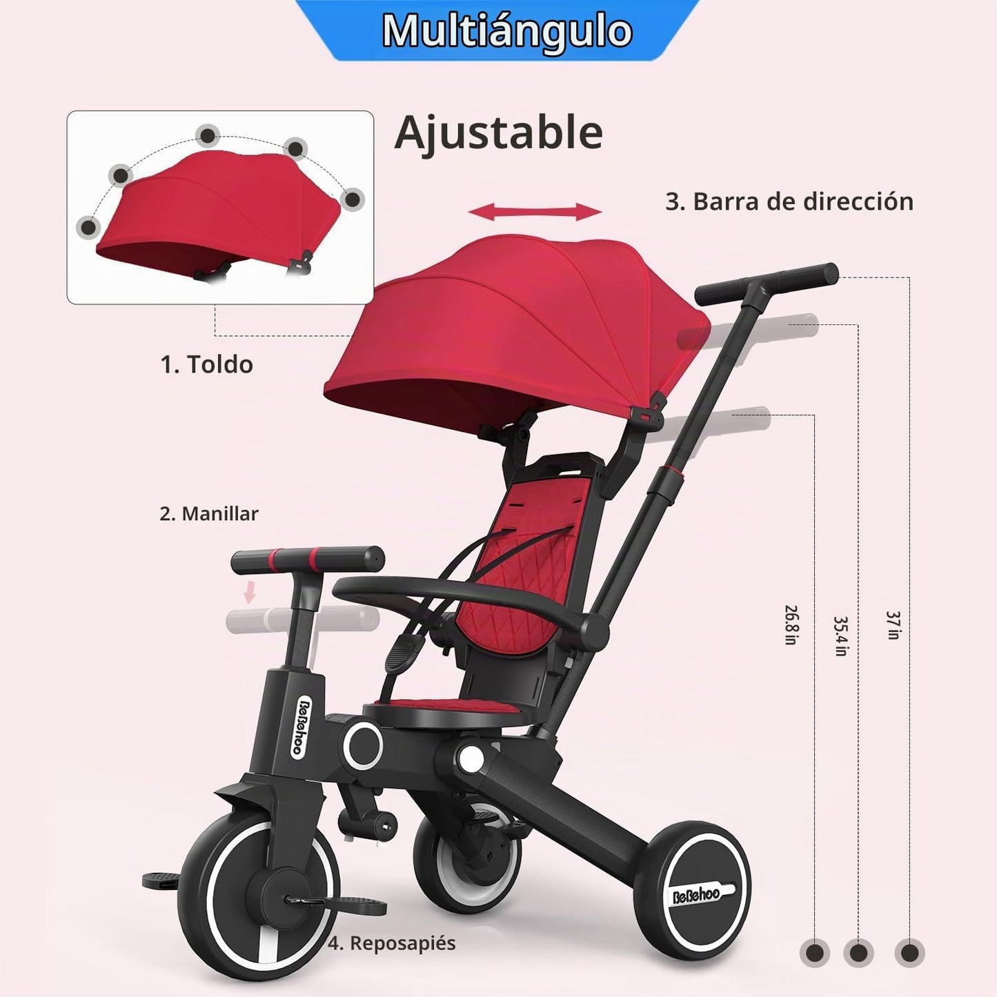 Bebehoo Cochecito de triciclo para niños pequeños, triciclo plegabl...