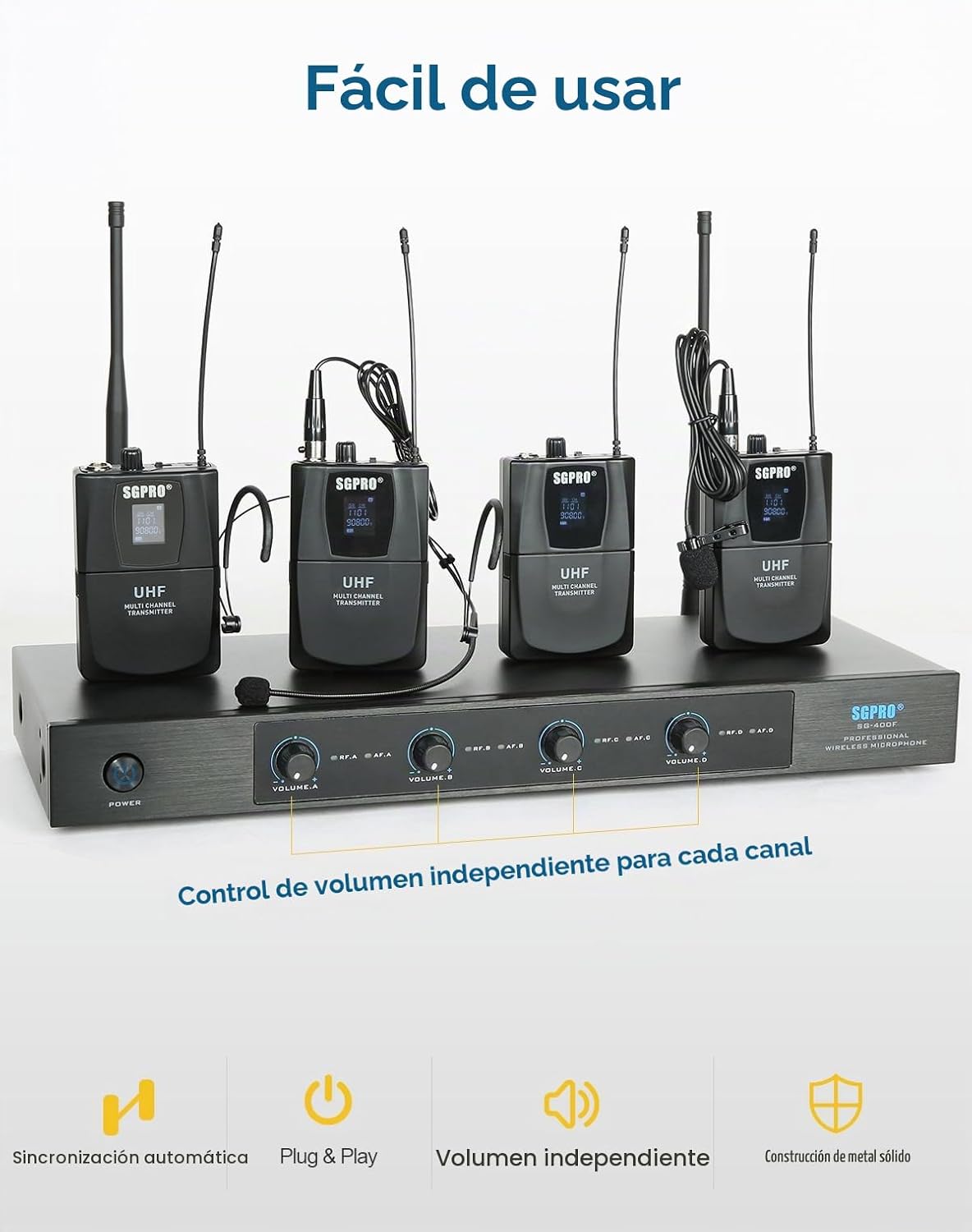 SGPRO SG-400F4B Sistema de micrófono inalámbrico de 4 canales | 4 c...