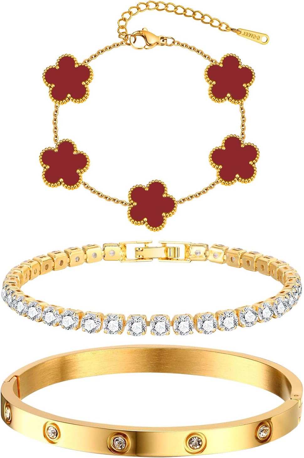 Pulseras florales apilables para mujer en oro - Juego de 3 pulseras...
